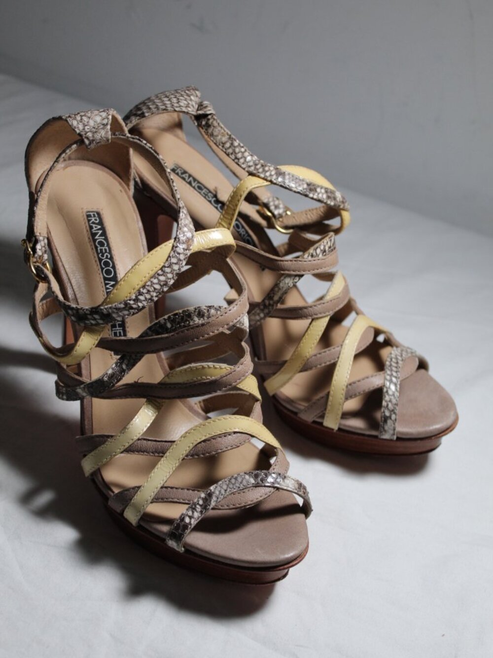 Francesco Morichetti Strappy Ankle Strap Heels Cage Sandals Snakeskin Print 40